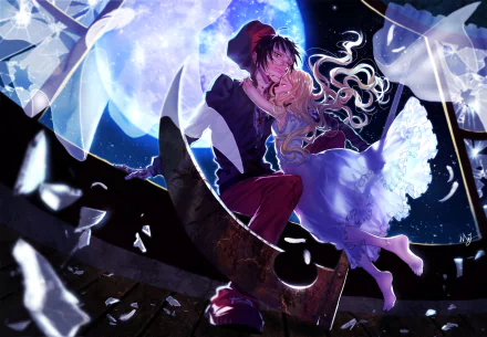 A captivating HD wallpaper featuring Zack and Rachel Gardner from Satsuriku no Tenshi (Angels of Death), set against a mystical moonlit background with ethereal elements.