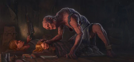 A dark and atmospheric HD wallpaper from Fallout 4, depicting a menacing figure looming over a sleeping child, creating a sense of tension and danger.