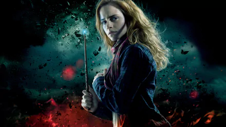 A dramatic HD wallpaper from Harry Potter and the Deathly Hallows: Part 2, featuring a determined character wielding a wand against a vibrant, explosive backdrop.