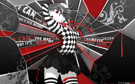 Sakuya Izayoi (Touhou anime) in a checkerboard outfit with red ribbons, posed against a bold black-and-red geometric background with stylized text — 2K Quad HD PC desktop wallpaper.