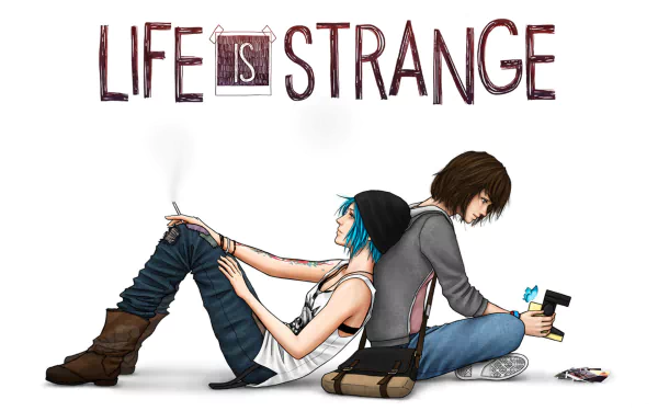 HD desktop wallpaper of Chloe Price and Max Caulfield from the video game Life Is Strange. The characters are sitting back-to-back, with Chloe smoking and Max holding a camera, with the game's title above them.