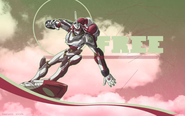 Eureka Seven anime HD PC desktop wallpaper of a mecha riding a surfboard above pink clouds, sun halo behind, 'FREE' text across the sky.