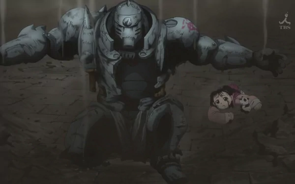 A high-definition wallpaper featuring Alphonse Elric protecting Shao May and May Chang in a tense moment from the anime Fullmetal Alchemist. Dark, immersive scene evokes strong emotions.