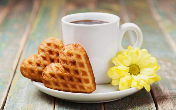 HD PC desktop wallpaper: white coffee mug with heart-shaped waffles and a yellow daisy on a saucer, rustic wooden table background.
