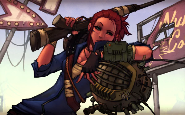 A vibrant artwork from Fallout 4, featuring a strong character posed against a backdrop of neon signs, showcasing the game's distinctive post-apocalyptic style in stunning 4K Ultra HD.