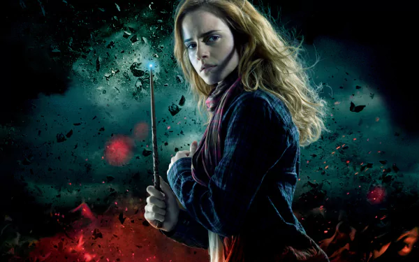 A dramatic HD wallpaper from Harry Potter and the Deathly Hallows: Part 2, featuring a determined character wielding a wand against a vibrant, explosive backdrop.