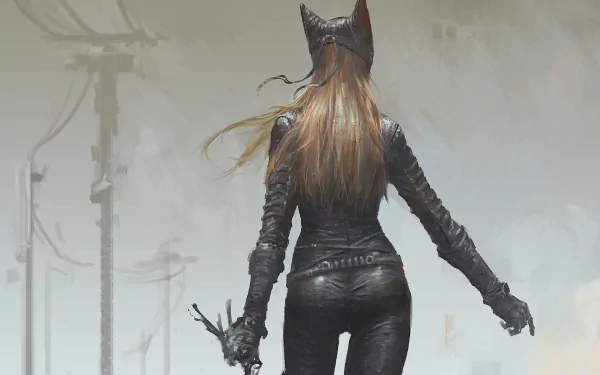 HD PC desktop wallpaper featuring a comic-style Catwoman in a sleek black suit, holding a weapon, standing with her back to the viewer in a misty urban setting.