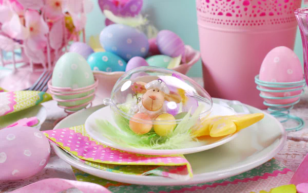 Colorful Easter eggs and a chick figurine in a clear egg-shaped container decorate a festive table setting in this vibrant 4K Ultra HD holiday wallpaper.