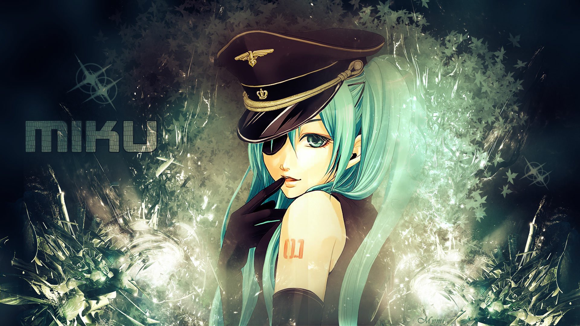 A stunning HD desktop wallpaper featuring Hatsune Miku, a popular anime Vocaloid character, depicted with striking colors and a captivating pose, surrounded by an abstract background.
