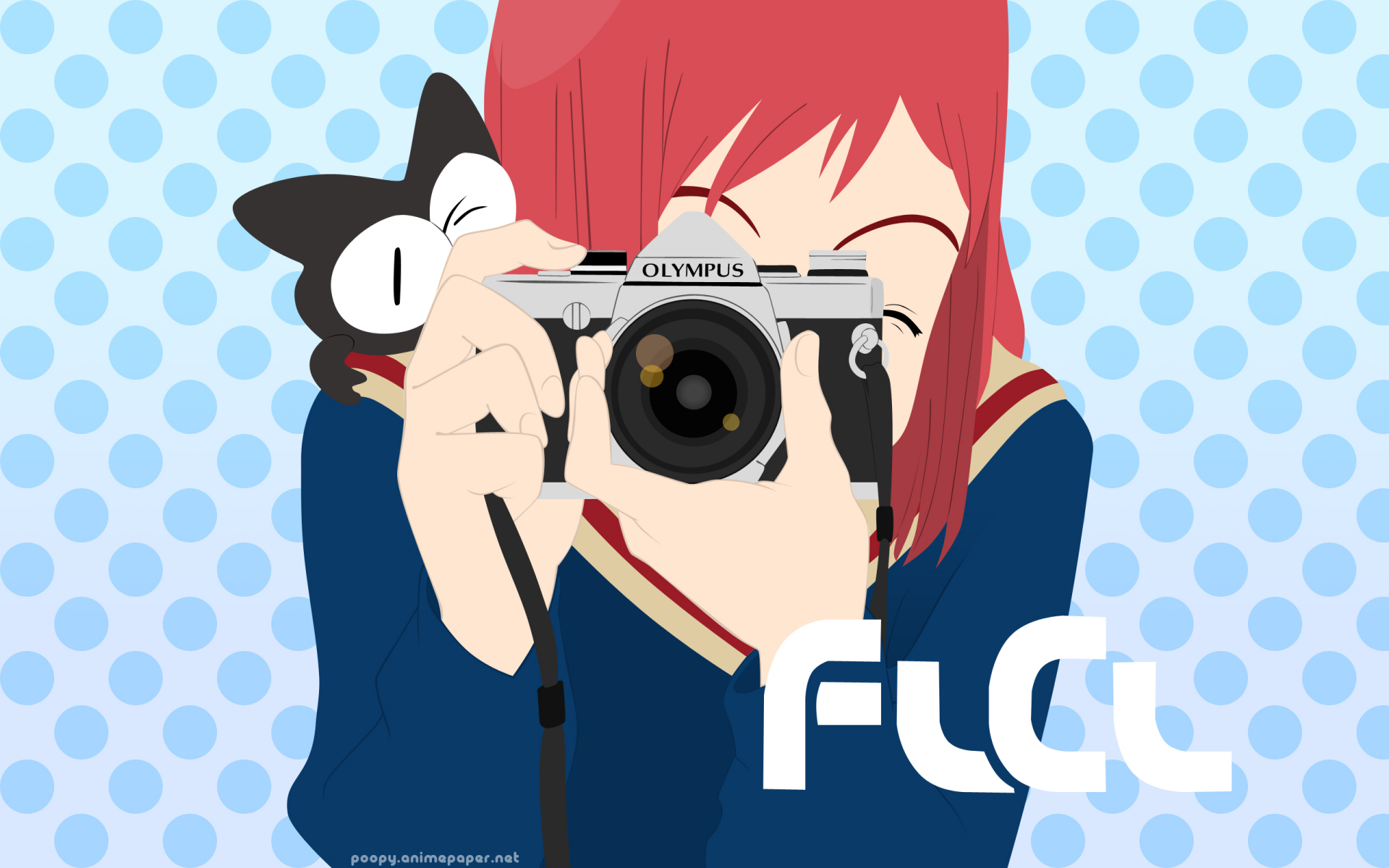 FLCL anime 2K Quad HD PC desktop wallpaper: red-haired girl holding a camera with a black-and-white cat peeking over the lens against a blue polka-dot background.