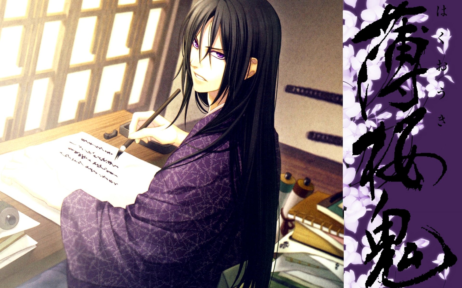 HD anime wallpaper featuring a character from Hakuouki Shinsengumi Kitan, seated at a desk with long black hair, writing by soft window light.