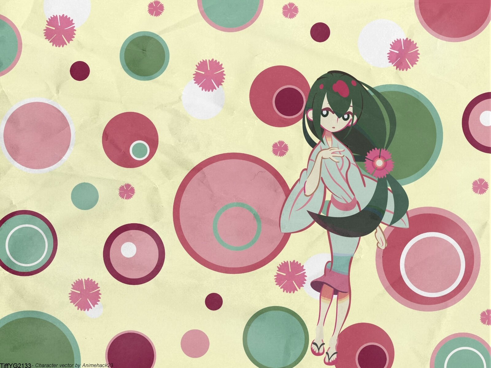 HD PC desktop wallpaper from Katanagatari: an anime girl in a pastel kimono with long dark hair and pink flower accents, posed against a retro pink-and-green circular pattern.
