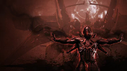 Stalker from Warframe stands menacingly against a dark, dynamically lit backdrop, showcasing the game's intense atmosphere and character design in this HD PC wallpaper.