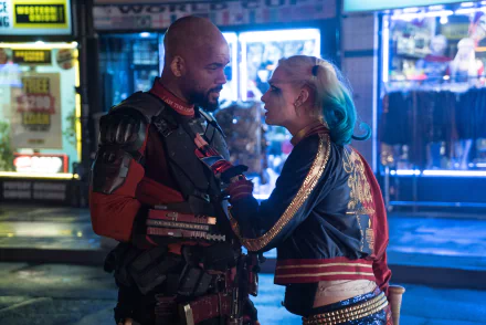 Harley Quinn, portrayed by Margot Robbie, interacts playfully with Deadshot, played by Will Smith, in this striking HD wallpaper from the movie Suicide Squad.