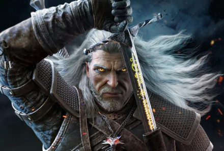 Geralt of Rivia wielding a sword from The Witcher 3: Wild Hunt, depicted in a high-definition desktop wallpaper. The image captures the fierce warrior with flowing hair and intense yellow eyes.