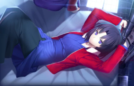 Shiki Ryougi from Kara no Kyōkai lounges in a striking pose, showcasing her purple hair and blue eyes. This vibrant HD wallpaper captures the essence of the anime character.