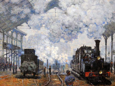 Artistic painting of a train station with a steam locomotive releasing smoke, created as an HD desktop wallpaper and background.