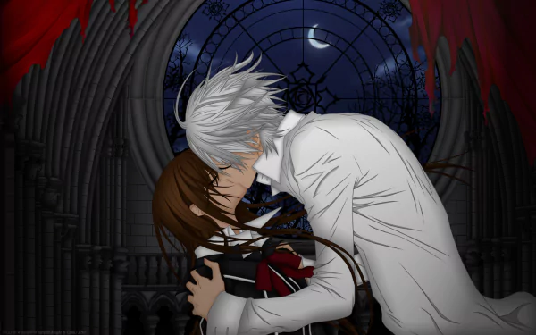 A romantic scene from Vampire Knight, featuring Zero Kiryu and Yuki Cross sharing a kiss beneath a full moon, set against a dark, gothic backdrop. HD wallpaper.