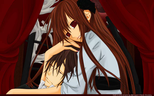 Anime HD wallpaper of Kaname Kuran hugging a sleeping Yuki Cross, characters from Vampire Knight, framed by deep red curtains.