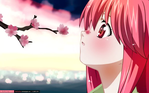 A vibrant HD wallpaper featuring Lucy from *Elfen Lied*, gazing upwards at cherry blossoms against a serene sunset backdrop. A stunning anime scene capturing beauty and emotion.