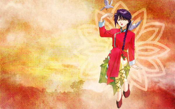 Fushigi Yuugi anime character in a red robe with purple braided hair, floating against a warm textured backdrop with a faded floral motif — HD PC desktop wallpaper and background.