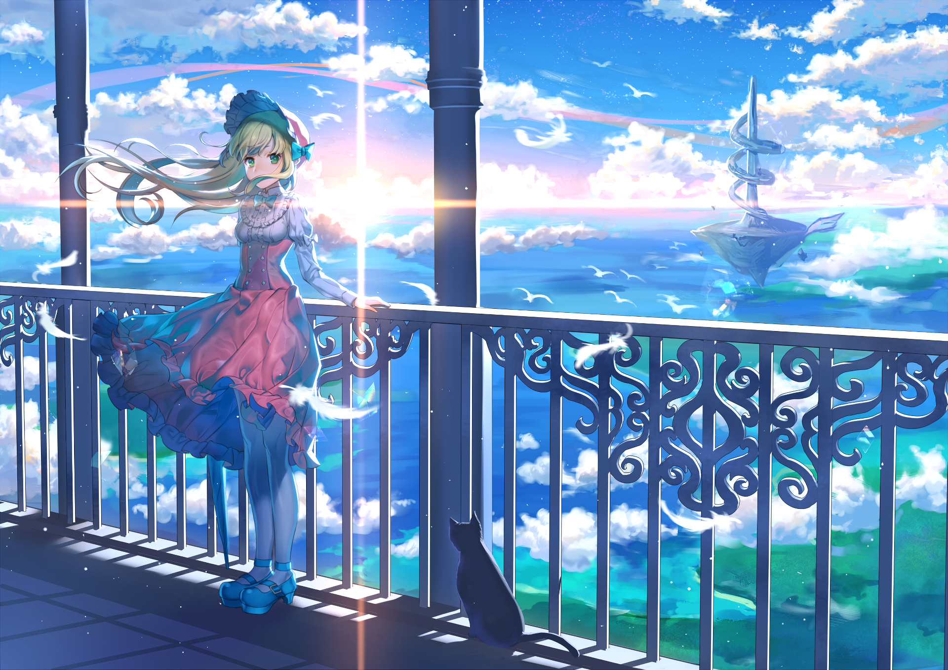 An anime girl with blonde hair and green eyes in a colorful dress stands on a balcony overlooking an ocean with a floating island on the horizon; a black cat sits beside her. The sky is bright with clouds.