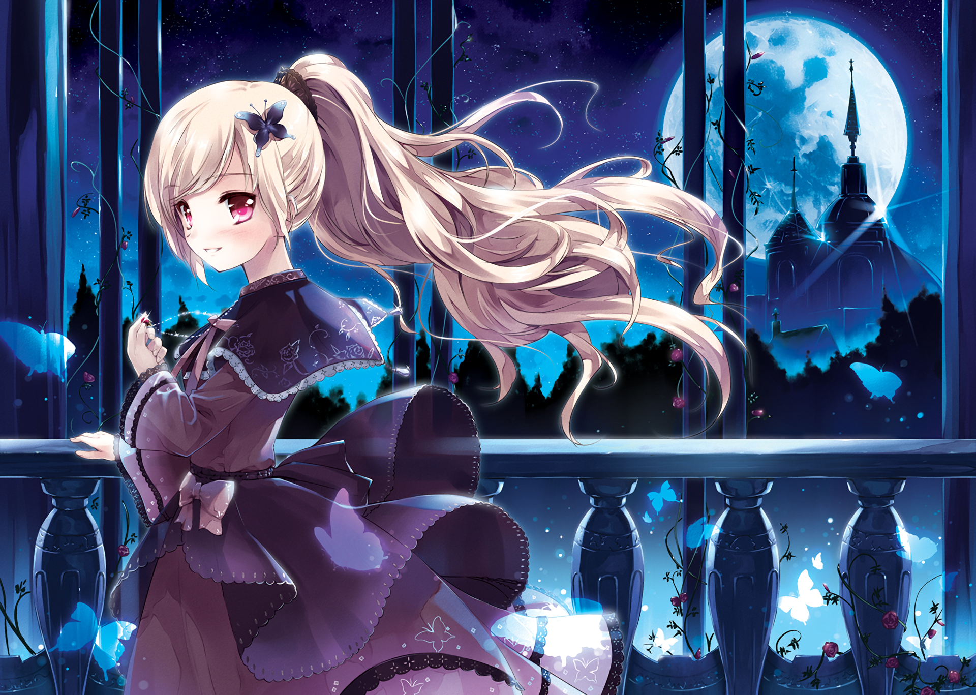 A charming anime girl with long, flowing hair stands on a balcony at night, surrounded by a mystical blue landscape and a full moon, creating an enchanting HD desktop wallpaper.