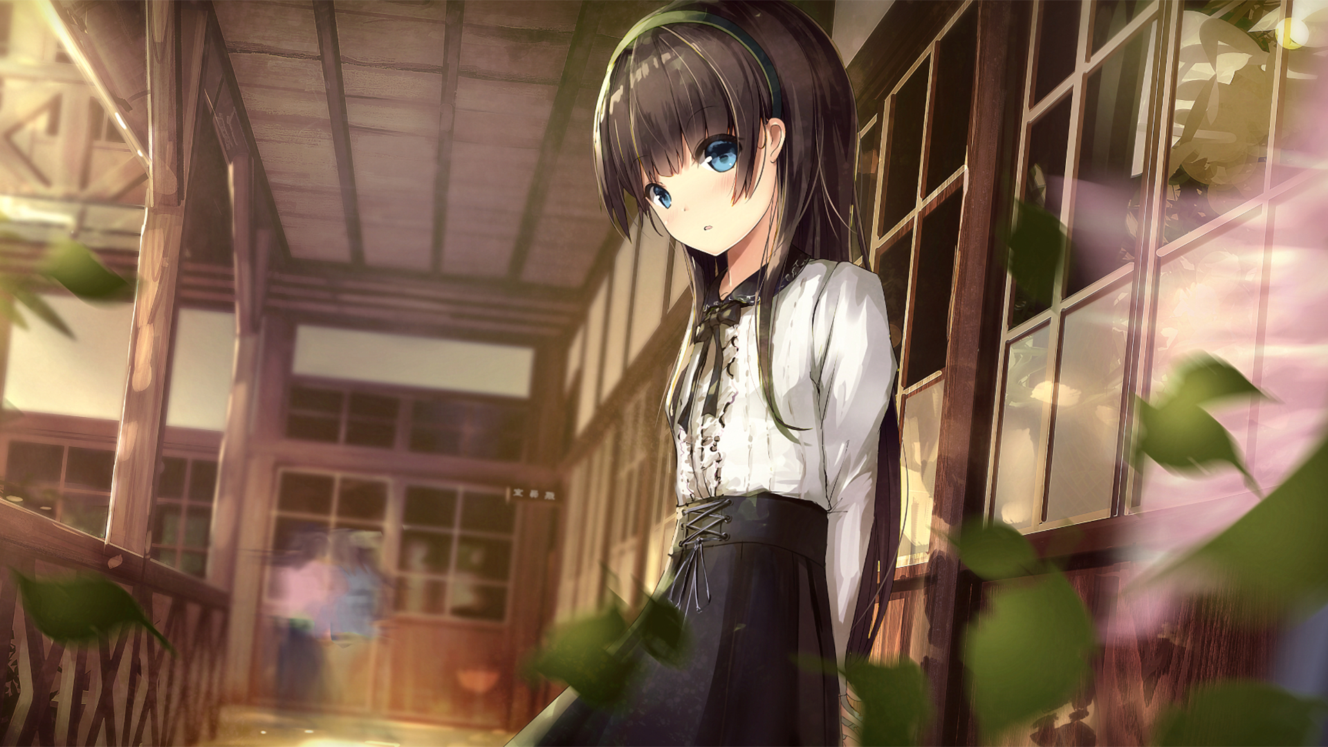 A serene anime girl with dark hair and blue eyes stands in a traditional setting, surrounded by soft petals, creating a captivating HD desktop wallpaper.