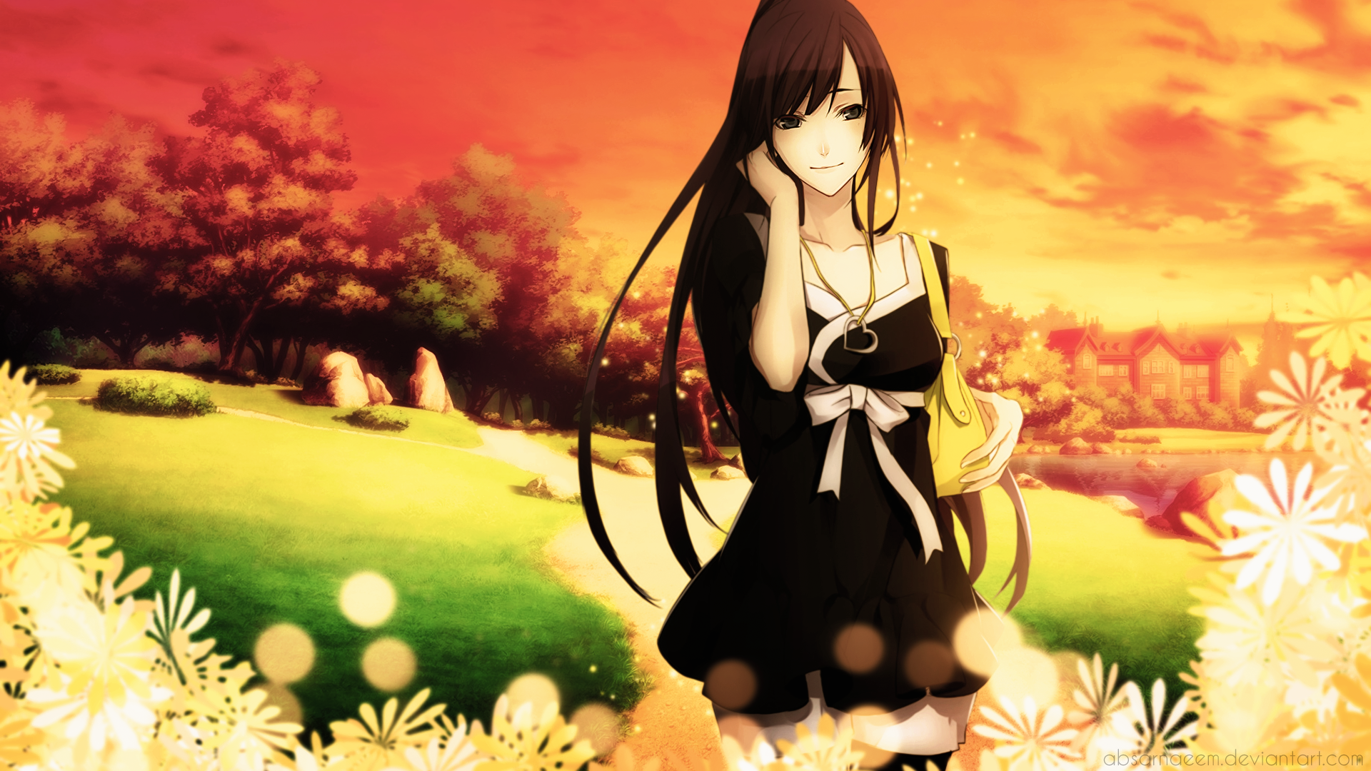 HD PC desktop wallpaper featuring Hitagi Senjōgahara from the Monogatari series, standing in a sunset-lit field with flowers and a warm, orange sky.