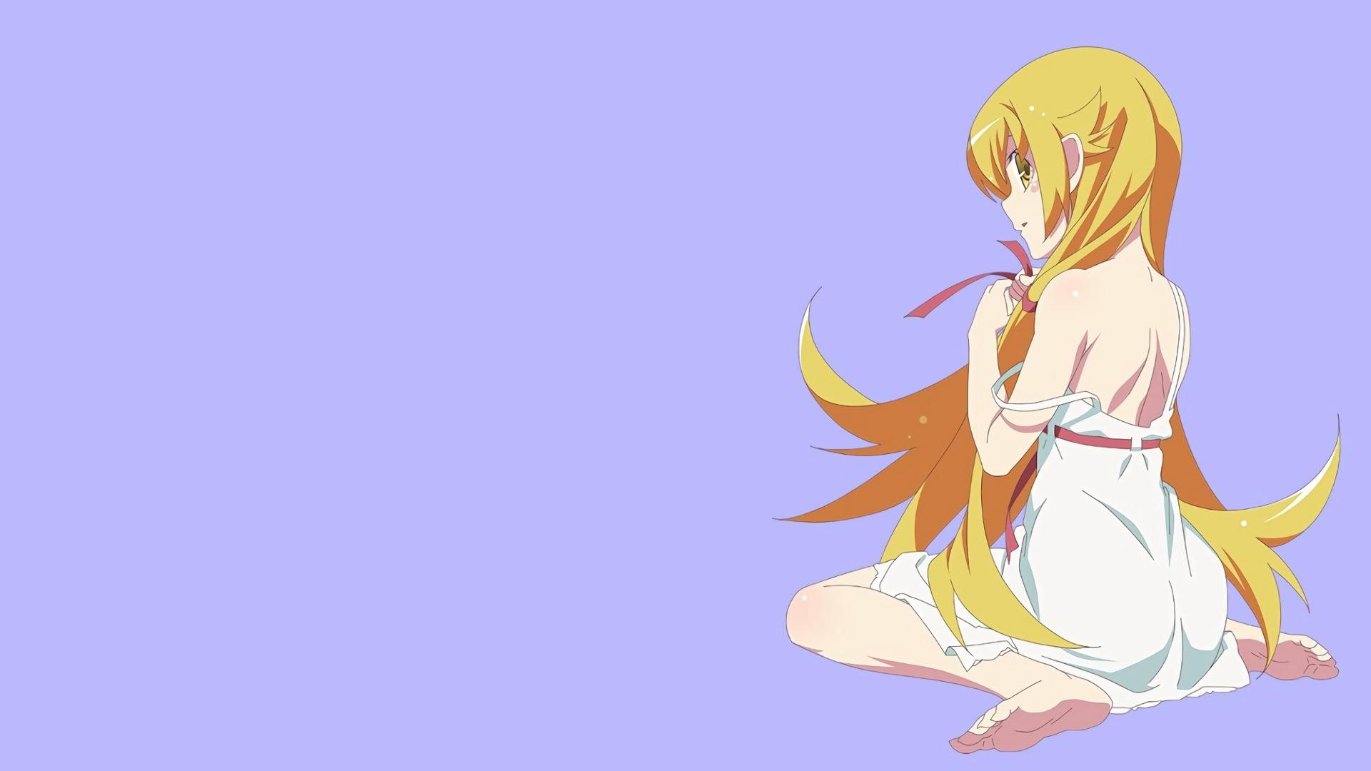 A vibrant HD wallpaper featuring Shinobu Oshino from the Monogatari series, illustrated in a soft purple background while sitting gracefully.