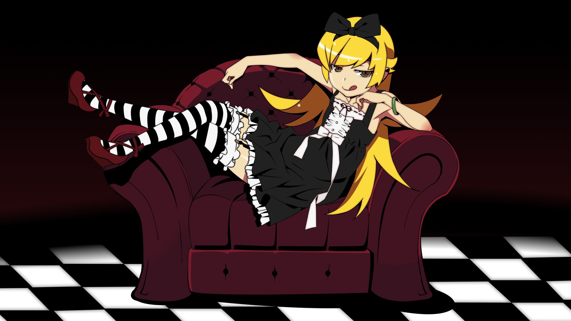 HD PC desktop wallpaper featuring Shinobu Oshino from the Monogatari anime series, lounging on a dark red armchair over a checkered floor background.