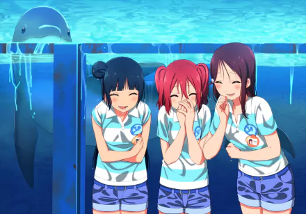 HD desktop wallpaper featuring Yoshiko Tsushima, Riko Sakurauchi, and Ruby Kurosawa from the anime Love Live! Sunshine!! smiling and standing together by a pool.