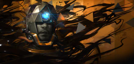 Morgan Yu from the video game Prey depicted in a futuristic, fragmented digital style with dynamic black shards against an orange background in 8K Ultra HD.