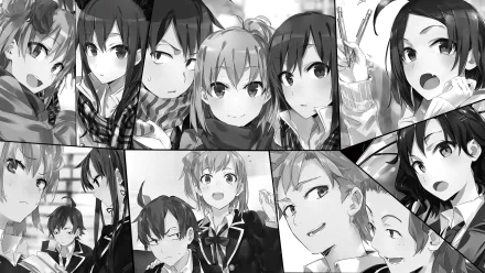 A black-and-white collage featuring characters Kaori Orimoto, Komachi Hikigaya, Hayato Hayama, Saki Kawasaki, Yui Yuigahama, Hachiman Hikigaya, and Yukino Yukinoshita from the anime My Teen Romantic Comedy SNAFU.