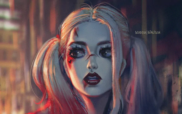HD desktop wallpaper featuring Harley Quinn, portrayed by Margot Robbie in the movie Suicide Squad, with her iconic makeup and hairstyle, set against a blurred background.