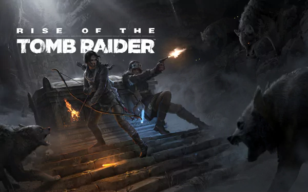 Lara Croft battles wolves in a dramatic scene from Rise of the Tomb Raider, featuring intense action and atmospheric visuals, making it a striking HD desktop wallpaper.