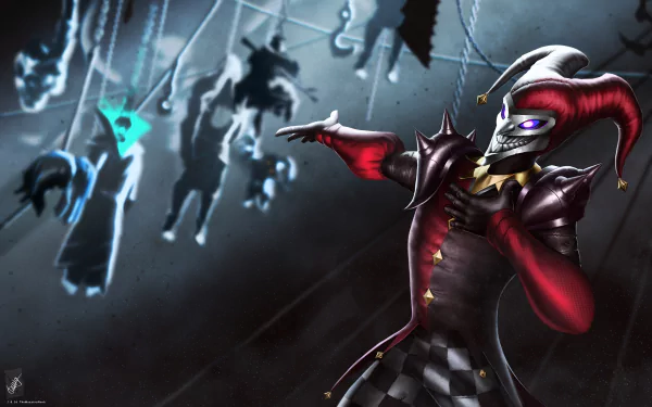 A creepy clown character named Shaco from League of Legends, surrounded by dark, mysterious figures in an HD wallpaper, capturing the ominous essence of the video game.