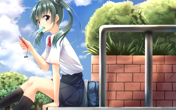 HD PC desktop wallpaper featuring Zuikaku from Kantai Collection (Kancolle) in anime style, sitting outdoors with a clear sky and greenery background.