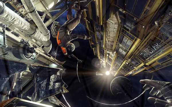 HD PC desktop wallpaper featuring a dynamic scene from the video game Prey, showing a character floating in a zero-gravity industrial space environment.