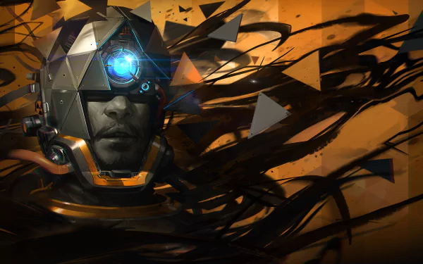 Morgan Yu from the video game Prey depicted in a futuristic, fragmented digital style with dynamic black shards against an orange background in 8K Ultra HD.