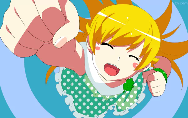 A vibrant 4K Ultra HD wallpaper featuring Shinobu Oshino from the Monogatari series, showcasing her cheerful expression and dynamic pose against a colorful background.