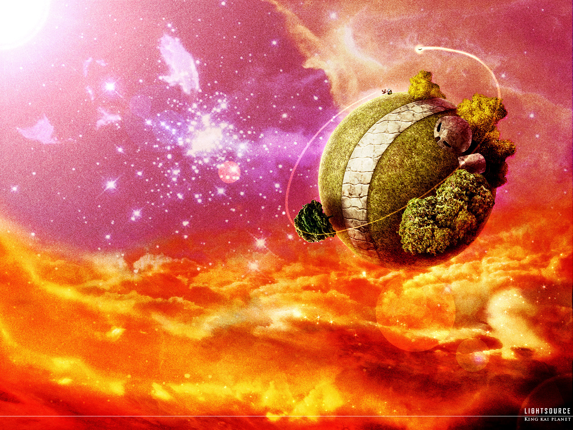 A vibrant HD desktop wallpaper inspired by Dragon Ball Z, featuring a fantastical planet surrounded by colorful clouds and stars, evoking an adventurous anime atmosphere.