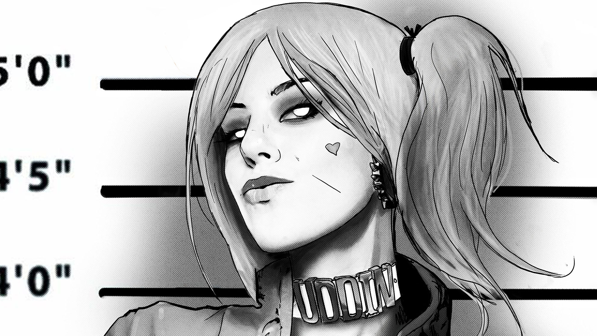 Black and white comic-style HD desktop wallpaper featuring Harley Quinn posing with a confident smirk against a height measurement background.