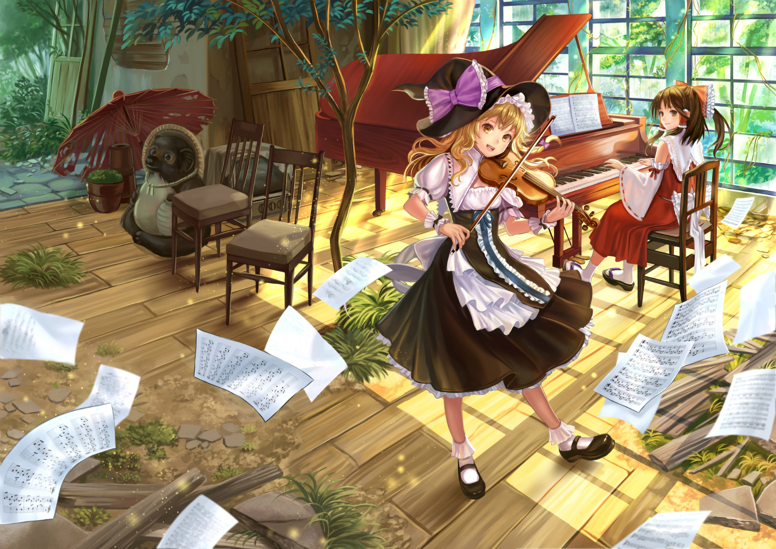 HD PC wallpaper featuring Marisa Kirisame playing violin and Reimu Hakurei seated at piano in a sunlit room, inspired by the Touhou anime series.