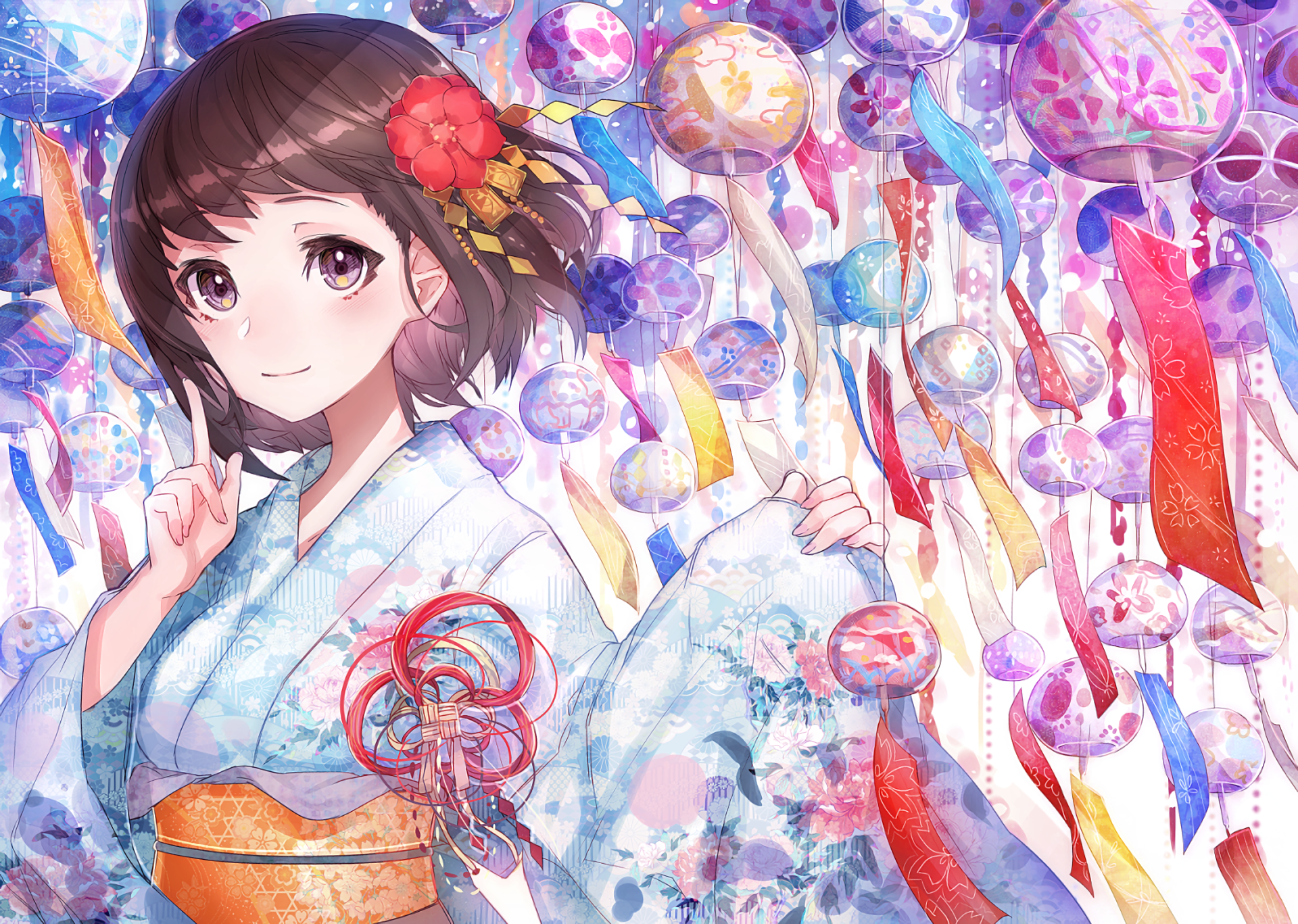 A vibrant anime-inspired HD desktop wallpaper featuring a girl in a traditional kimono, surrounded by colorful decorations and hanging ornaments, creating a whimsical ambiance.
