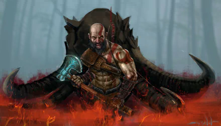 HD wallpaper featuring Kratos from the 2018 video game God of War, depicted powerfully against a misty background while wielding a glowing axe.