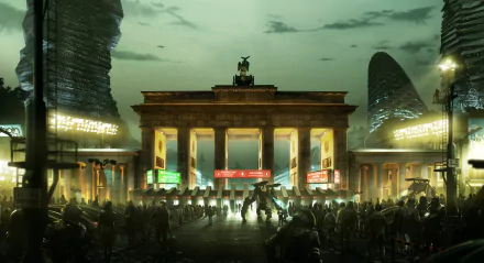 A stunning HD wallpaper depicting the Brandenburg Gate in Berlin, reimagined within the dystopian universe of the video game Deus Ex: Mankind Divided.