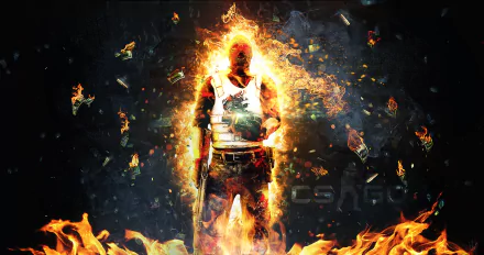 HD wallpaper of a Counter-Strike: Global Offensive scene featuring a heavily armed character amidst flames and dark surroundings, evoking a sense of intense action and chaos.