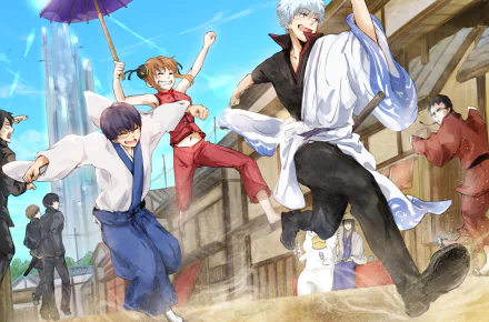 A vibrant HD wallpaper featuring characters from Gintama, including Sagaru Yamazaki, Shimura Shinpachi, Okita Sougo, and others, joyfully running in a lively setting.