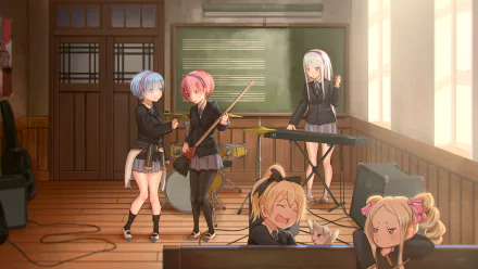 HD desktop wallpaper featuring characters from Re:ZERO and K-ON! in a classroom setting, playing musical instruments. Characters have colorful hairstyles including blue and pink hair.